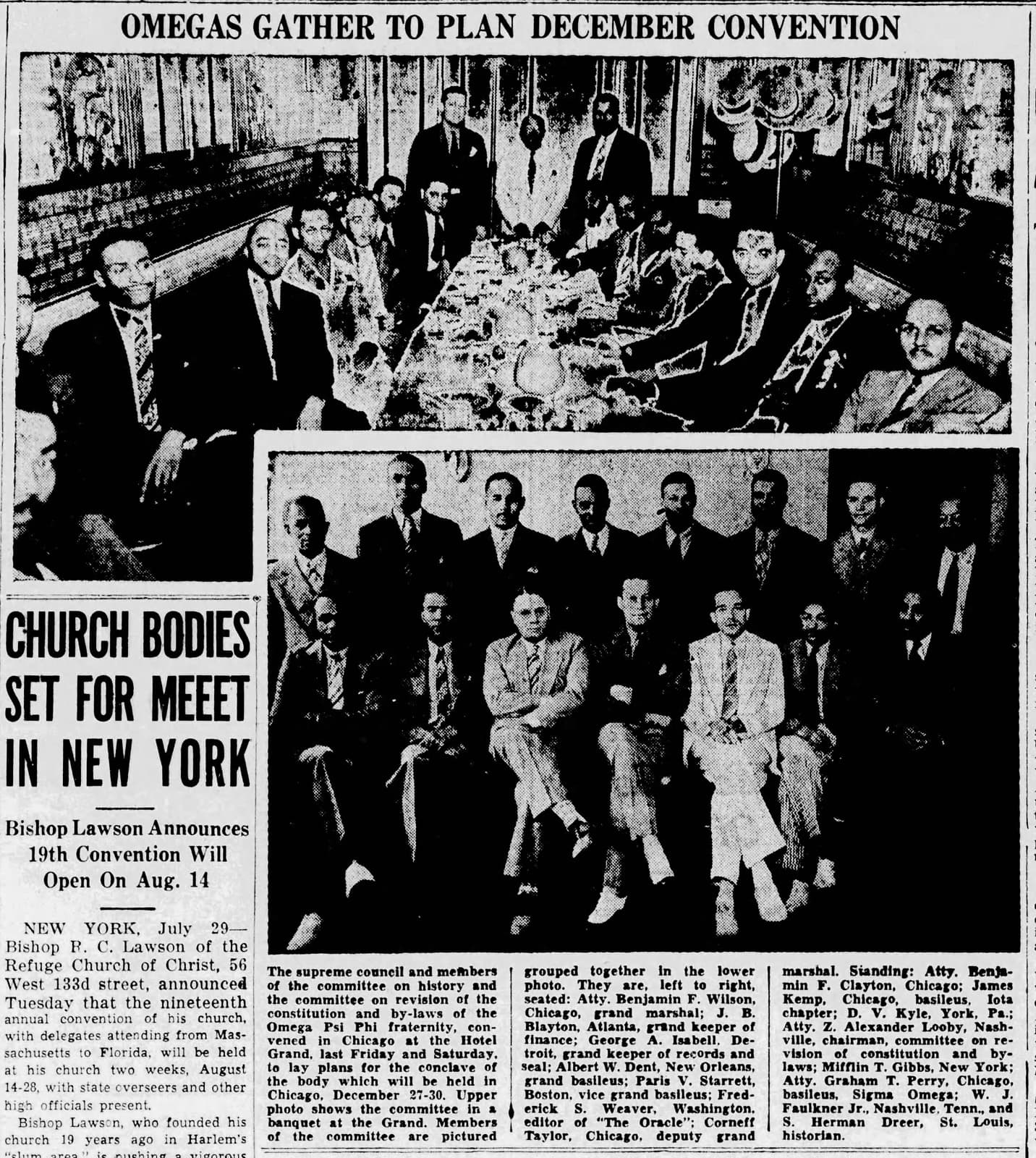 Newspaper page headlined 'Omegas Gather to Plan December Convention', with photographs of the supreme council and planning committees at a banquet at the Hotel Grand in Chicago