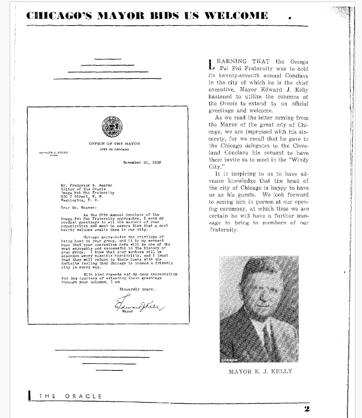 Page from The Oracle headlined 'Chicago's Mayor Bids Us Welcome', reproducing Mayor Edward J. Kelly's November 1938 letter of greeting alongside his photograph